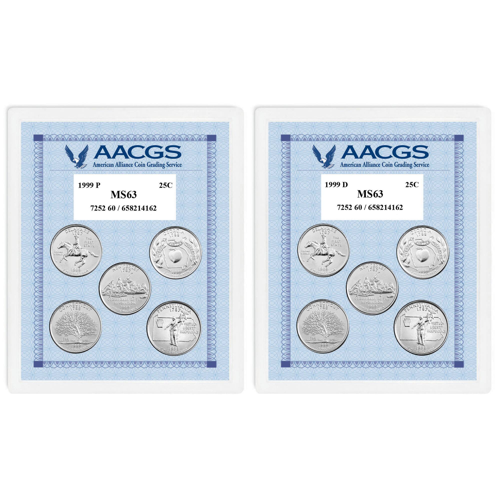 1999P & 1999D Statehood Quarters Graded MS63 Brilliant Uncirculated